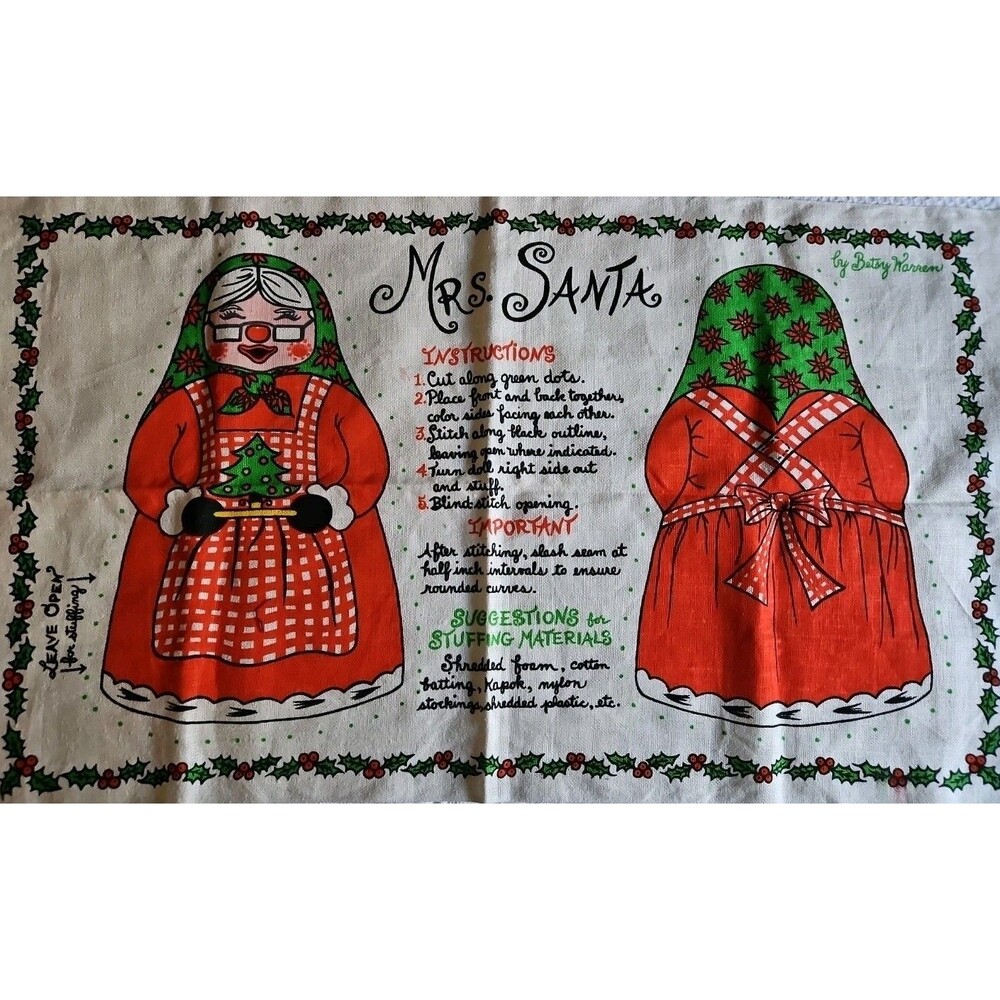Vintage Cut & Sew Fabric MRS. SANTA Pillow Pattern By Betsy Warren
